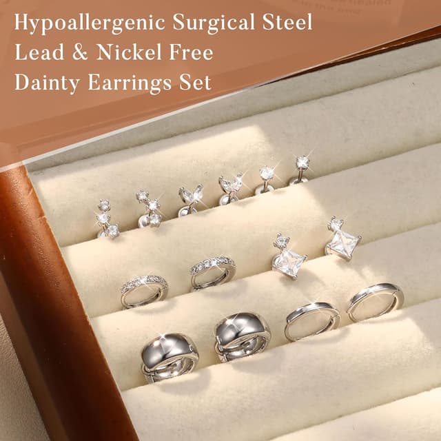 Detalle de Roheafer 7 Paar Ohrringe-Set für Damen mit 14K vergoldeten Creolen & Ohrsteckern (hypoallergen, chirurgischer Stahl)