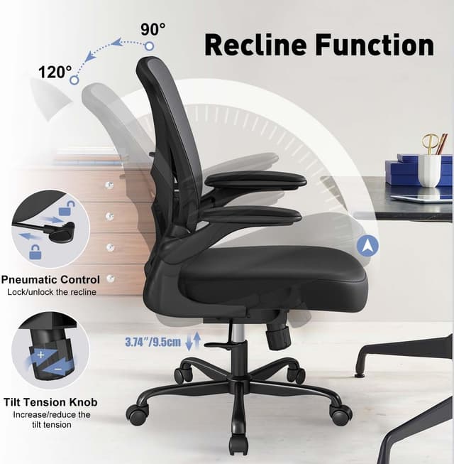 Thumbnail 5 de ZZH Ergonomic Mesh Office Chair with Adjustable Lumbar Support & Flip-up Arms (Black)