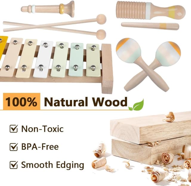 Thumbnail 4 de Baby Musical Instruments Montessori Wooden Toys Set (Neutral Colors) with Xylophone for Toddlers 1–3