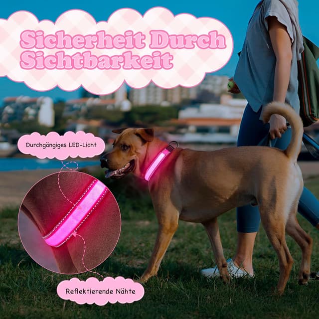 Detalle de Ezierfy LED-Leuchthalsband für Hunde, USB-C aufladbar, wasserdicht, einstellbar (Rosa, Groß)
