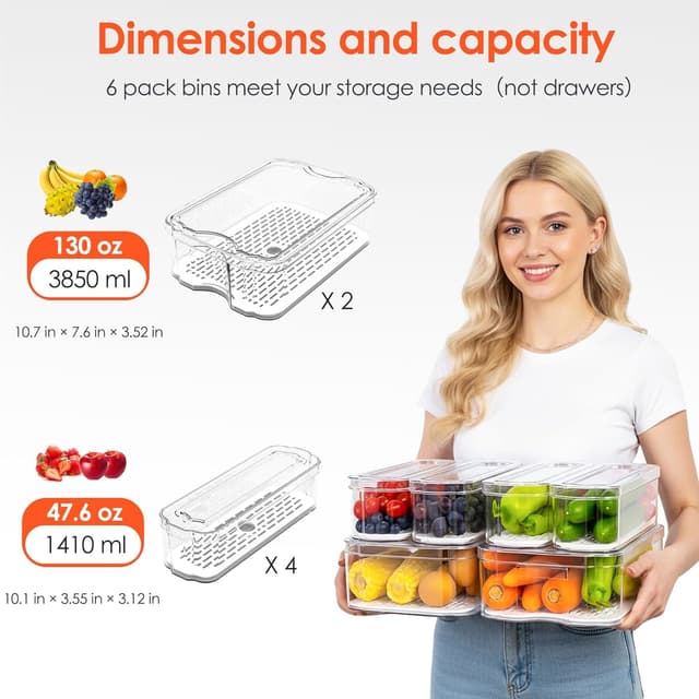 Detalle de SMRCAD Fridge Organizers 6-Pack Clear Bins