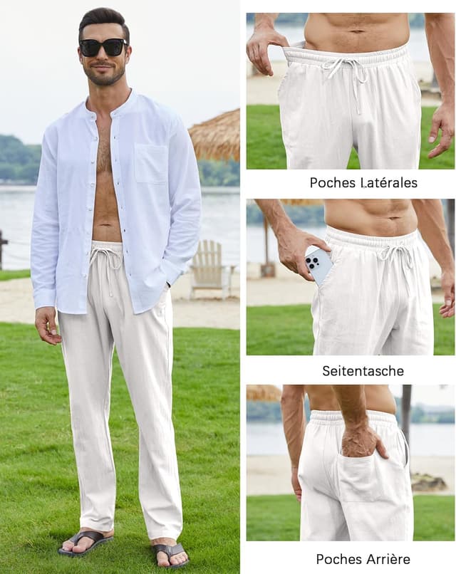 Detalle de Pantalon coton lin homme décontracté NANAMEEI – ample, léger pour été, ceinture élastique et cordon