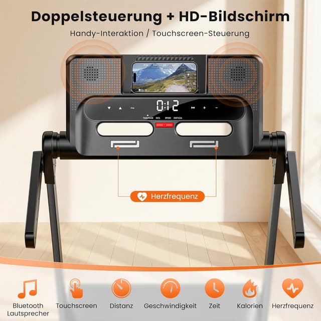 Detalle de Klappbares Laufband für Zuhause mit 15% automatischer Steigung, 3 PS Motor und Bluetooth-Lautsprecher