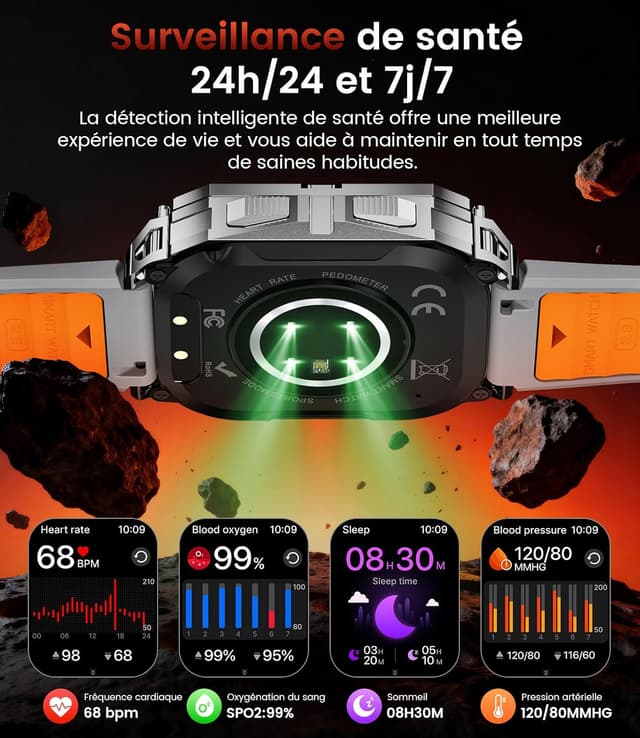 Detalle 2 de Montre connectée homme militaire 2,01" HD avec Bluetooth, fréquence cardiaque et IP68 (argent)