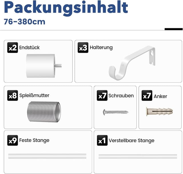 Thumbnail 6 de GEEBOBO Gardinenstange Weiß verstellbar 76–380 cm, 19 mm Durchmesser (für Schlafzimmer, Wohnzimmer & Küche)