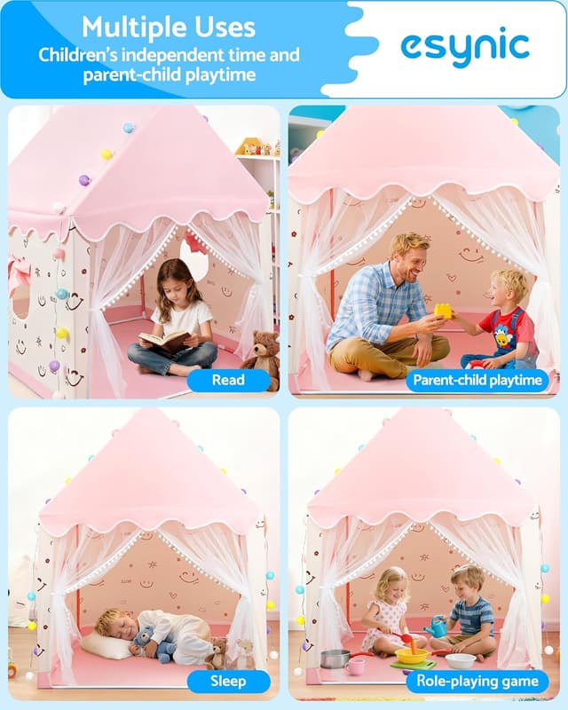 Detalle de eSynic Kids Indoor Playhouse Tent with Lights & Windows (Pink) – large portable play tent for ages 3–12