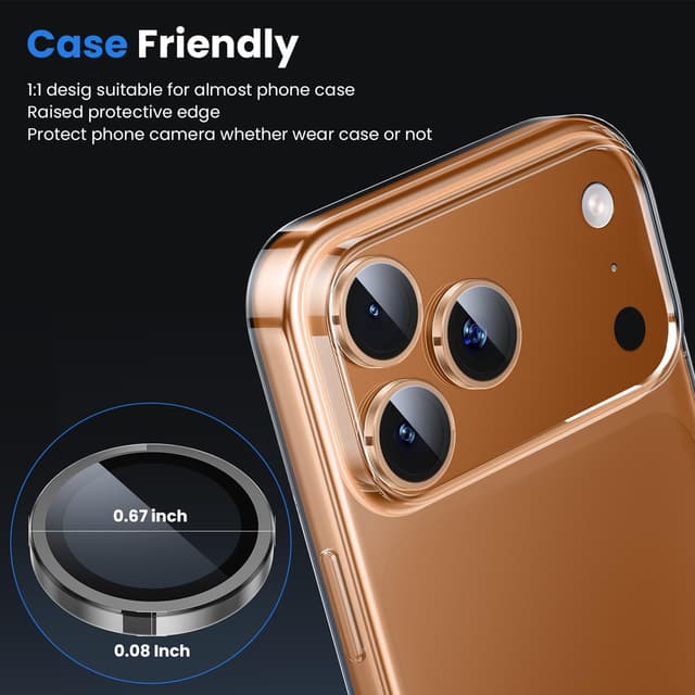Detalle de WSKEN Tempered Glass Camera Lens Protector for iPhone 17 Pro / 17 Pro Max (9H, metal ring, clear)
