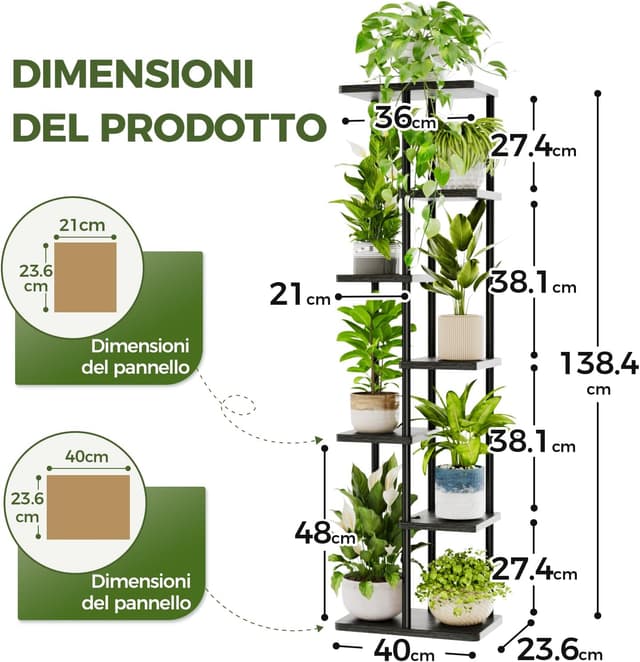 Detalle de Bamworld Porta Piante verticale per balcone e interni in metallo e legno, nero, 7 ripiani