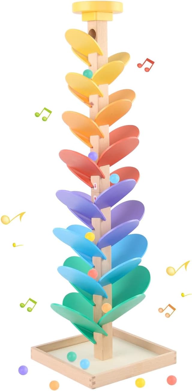 Detalle de Wooden Marble Run Music Tree Toy for Kids (49-Piece Set, Ages 3–5)
