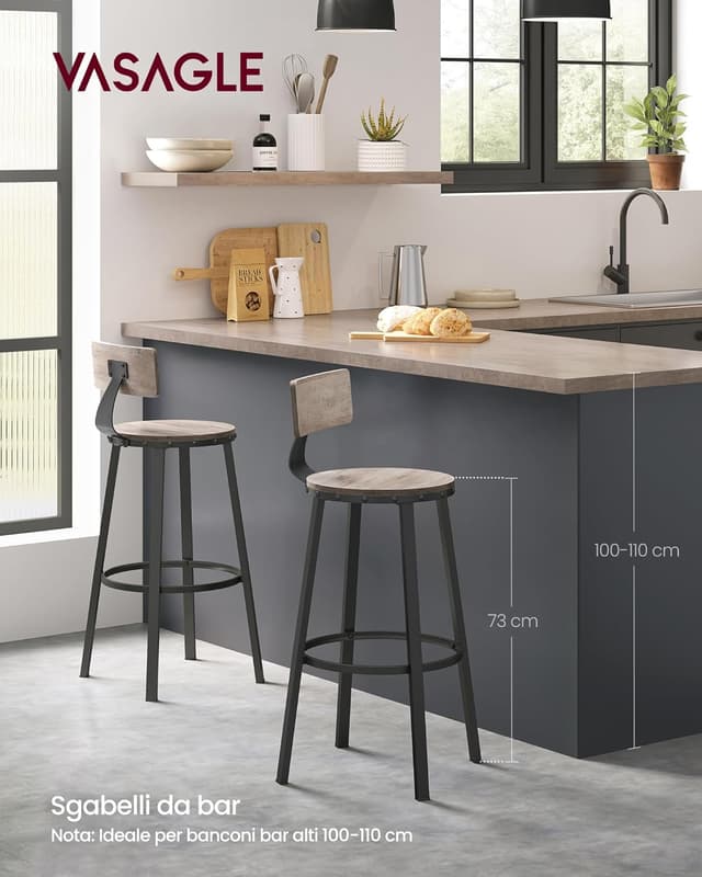 Detalle 2 de VASAGLE set di 2 sgabelli da bar LBC026B02 con schienale, altezza seduta 73 cm, greige e nero