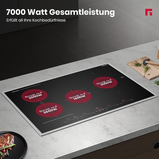 Detalle 2 de GASLAND IH774BFB Plaque de cuisson induction encastrable 77 cm – 4 foyers, cadre inox, zone BBQ