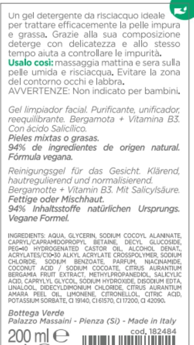 Detalle 2 de Bottega Verde Vitamina B3+ gel detergente viso con B3 e bergamotto, azione purificante e normalizzante, 200 ml