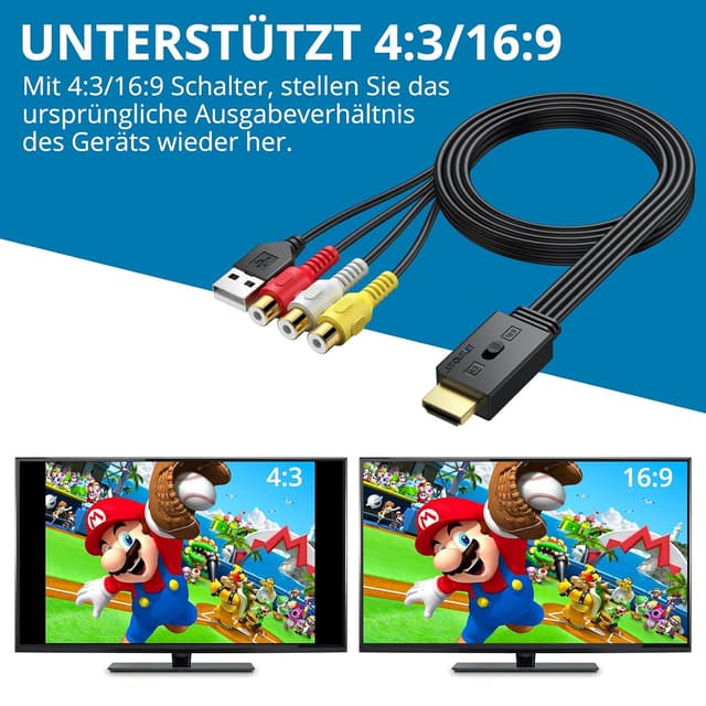 Detalle de AUTOUTLET RCA-zu-HDMI-Konverter (1080P/720P) mit 4:3/16:9-Umstellung für Wii, PS1/PS2, N64 & mehr