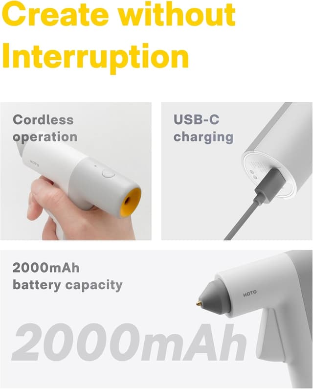 Detalle de HOTO Cordless Glue Gun (USB-C rechargeable, 30s fast heating) with anti-drip nozzle and auto shut-off