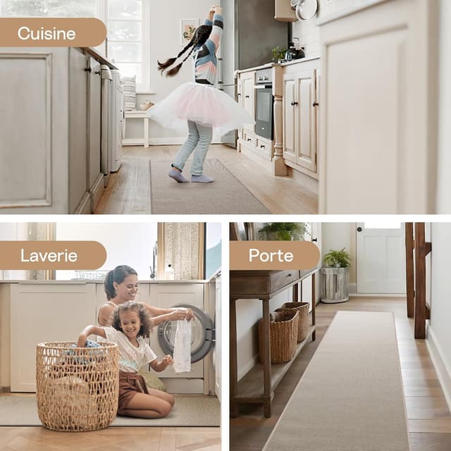 Detalle 2 de Tapis de cuisine long Mizuosre devant l’évier antidérapant et lavable 43,5 x 180 cm beige