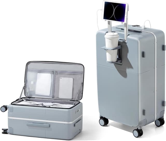 Detalle de Hanke 20 Inch Cabin Suitcase with Combination Lock, Cup Holder & Top Opening Hard Shell (Grey)