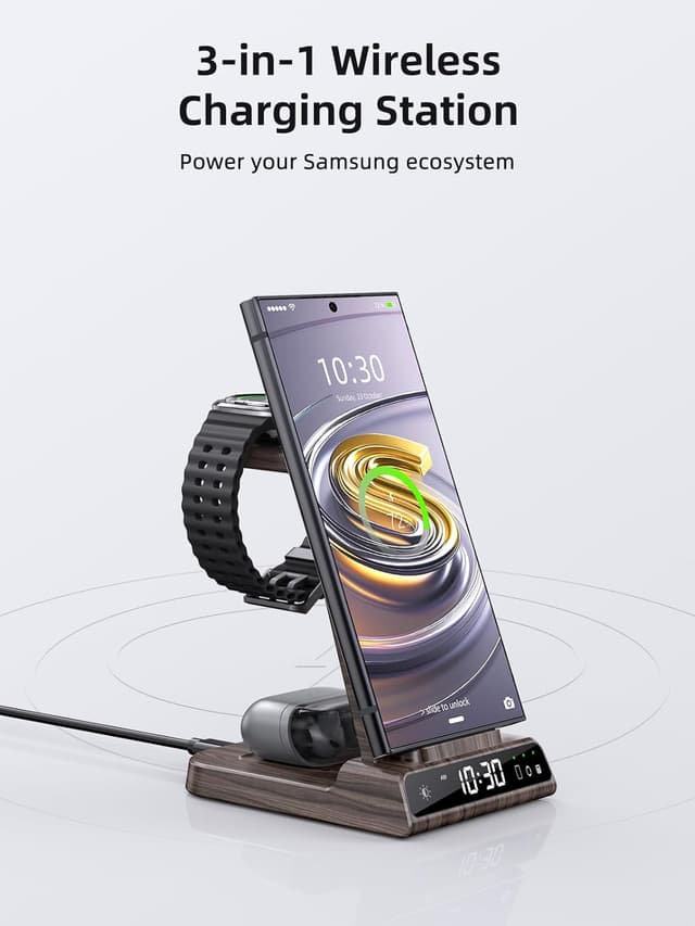 Detalle 2 de Station de charge induction 3 en 1 Samsung (S25 Ultra, Galaxy Watch, Galaxy Buds 2) avec horloge digitale