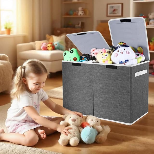 Detalle de Modojuny Foldable Toy Storage Box with Lid & Handle (Large, Grey) – 600D Oxford fabric organiser chest with divider