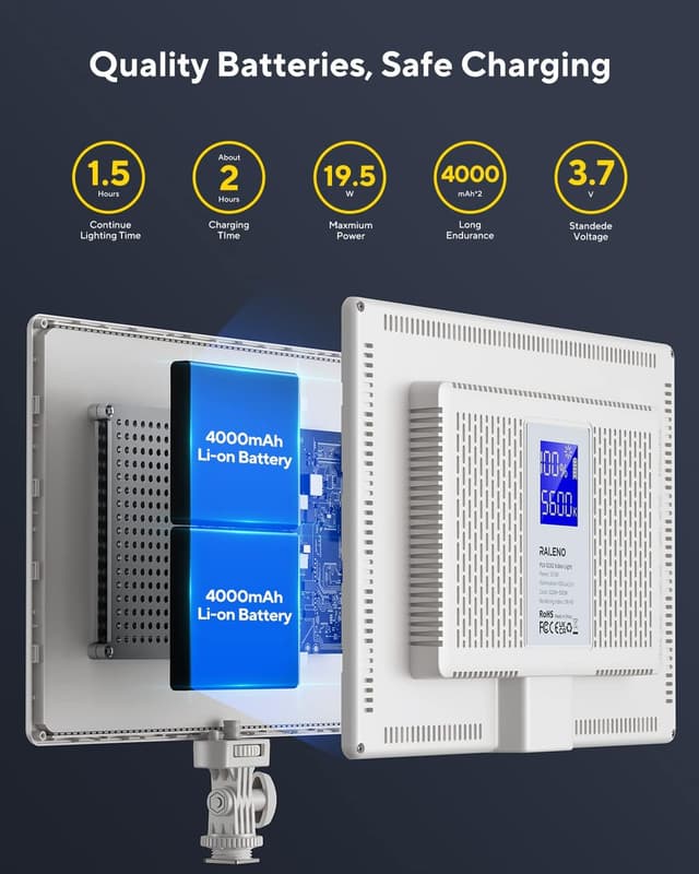 Detalle de RALENO LED Videoleuchte für Vlog & Videokonferenzen – einstellbare Helligkeit & Farbtemperatur, 2x 4000 mAh