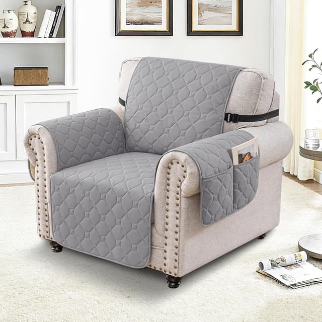 Detalle de Ystyle copripoltrona 1 posto impermeabile trapuntato grigio chiaro con braccioli e tasche