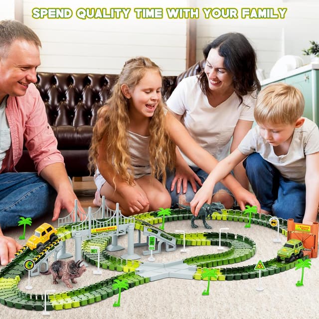 Thumbnail 6 de Dinosaur Tracks 271-Piece Flexible Dinosaur World Road Race Train Track Set (Race Cars + Dinosaur Figures) for Ages 3+