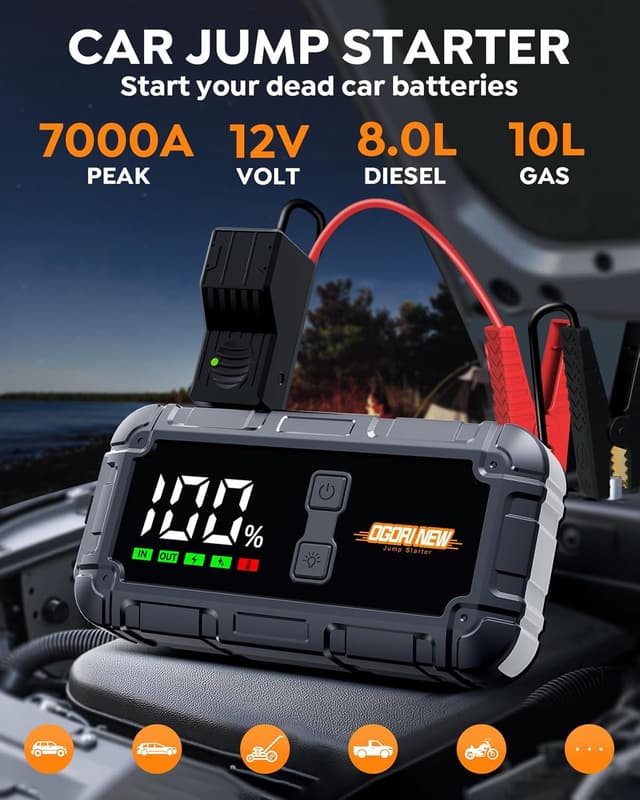 Detalle de OGORI 7000A Jump Starter Power Pack with LCD screen and LED emergency light for 12V vehicles