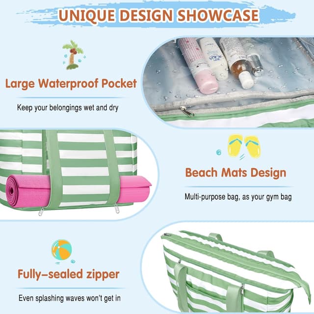 Detalle 2 de KTUEOV Sac de plage femme XXL 45 L pliable et imperméable, avec fermetures et compartiments pour piscine, voyage et shopping