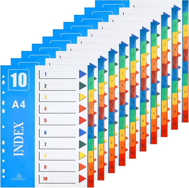 Detalle de XHDA A4 1–10 Part Dividers, 10 Pack Multi-Colour Plastic Index Tabs for Lever Arch Files
