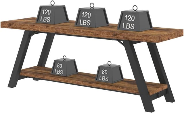 Detalle de LVB rustikale Aufbewahrungsbank in Braun mit Schuhregal, Metall/MDF, 120 cm – Bank für Diele & Schlafzimmer