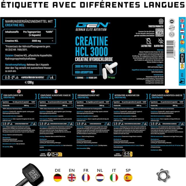 Thumbnail 5 de Creatine HCL 3,0 g/dose—240 gélules vegan