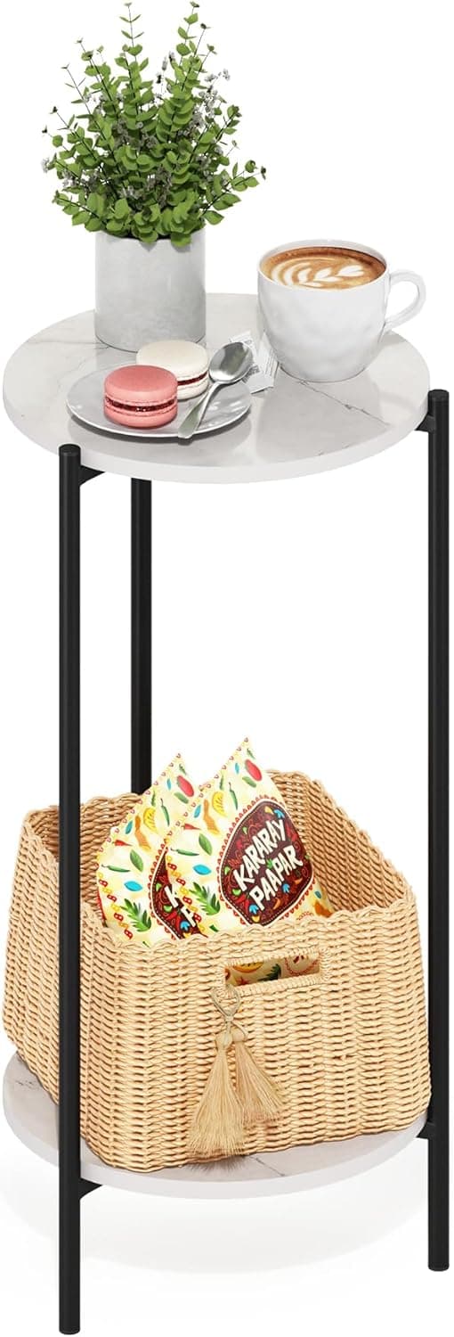 Detalle de Furinno Besi tavolino moderno a 2 livelli bianco effetto marmo con gambe in metallo