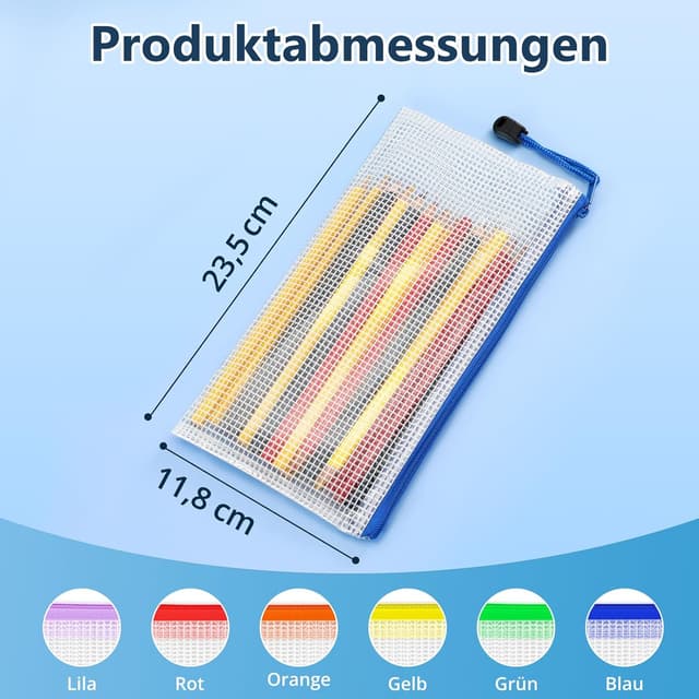 Detalle de SUNEE Dokumententasche A6 (12er-Set) – wasserdichte Mesh-Dateitachen mit Reißverschluss in 6 Farben