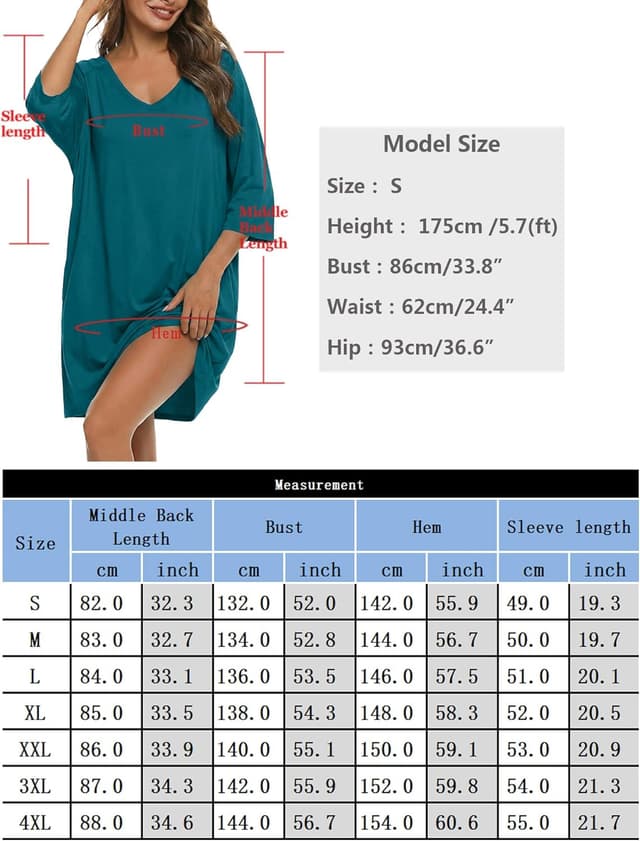 Detalle de Bresdk : chemise de nuit femme en coton oversize à manches 3/4, col en V et poches (S à 3/4XL)