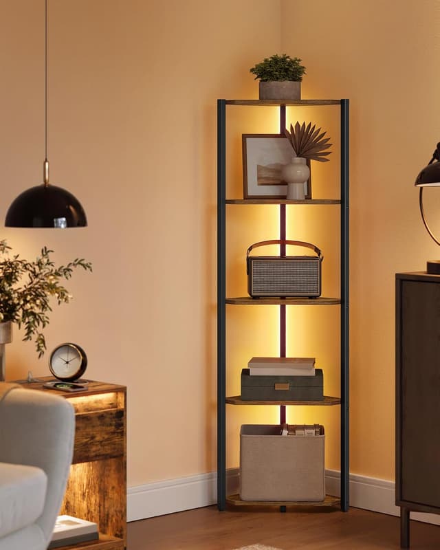 Detalle de VASAGLE scaffale angolare a 5 ripiani con luci LED a 7 colori LBC590K02, marrone vintage