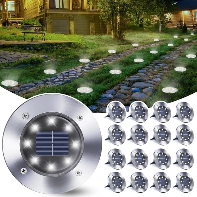 Detalle de Qedertek 16er-Set Solar-Bodenleuchten für außen mit 8 LEDs – wasserdicht (IP65) für Garten, Gehweg & Auffahrt
