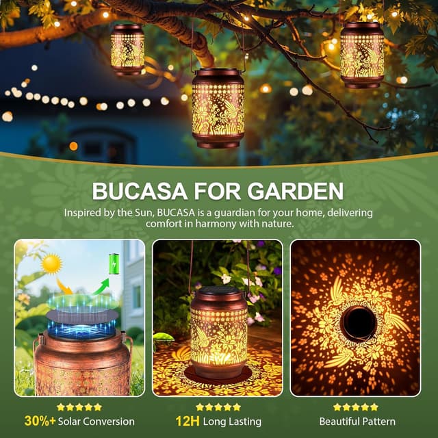 Detalle 2 de BUCASA 2er-Set Kolibri-Solarlaternen für außen (hängend, Vintage-Look) mit warmweiß/kaltweiß
