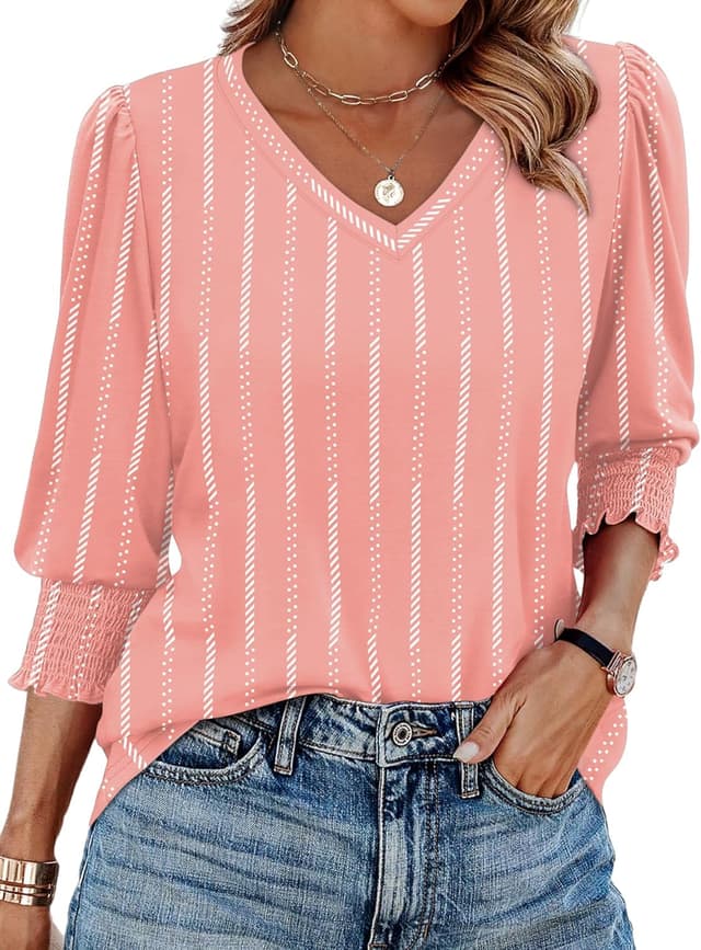 Detalle 2 de Aokosor women’s 3/4 sleeve V-neck puff cuff smocked tunic top for office and everyday wear