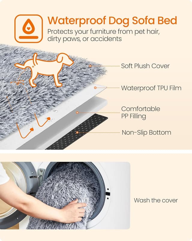 Detalle de Feandrea FluffyHug XXL Dog Sofa Bed with waterproof cover, grey ombré (122 x 95 x 18 cm)