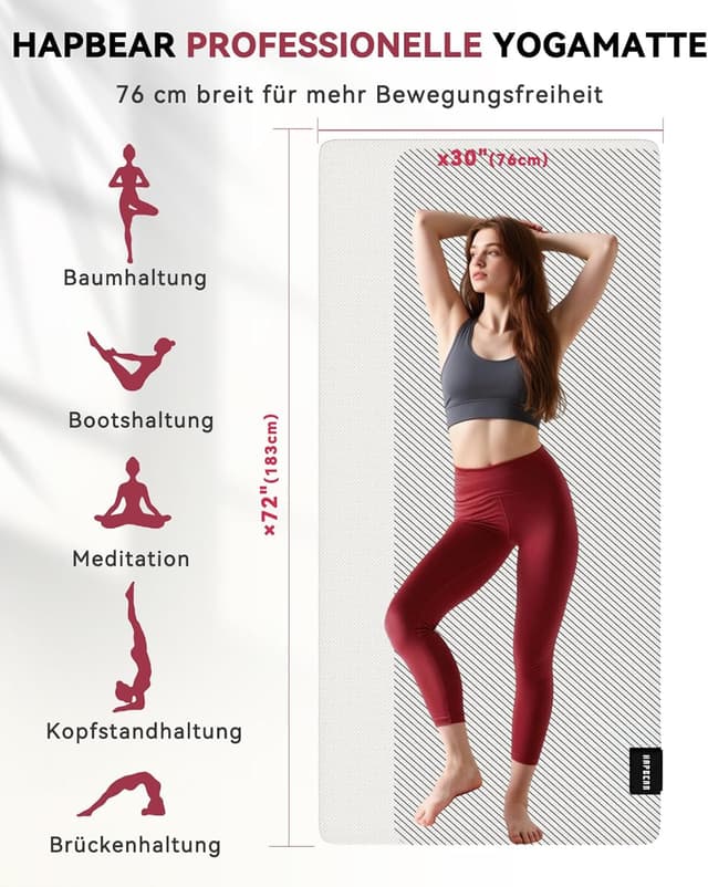 Detalle de HAPBEAR Yogamatte XXL 183×91 cm (6 mm) – rutschfeste Gymnastik- und Fitnessmatte mit Tragetasche