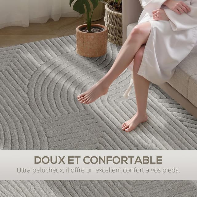 Detalle de HOMCOM Tapis de salon 160 x 120 cm à poils épais géométrique gris