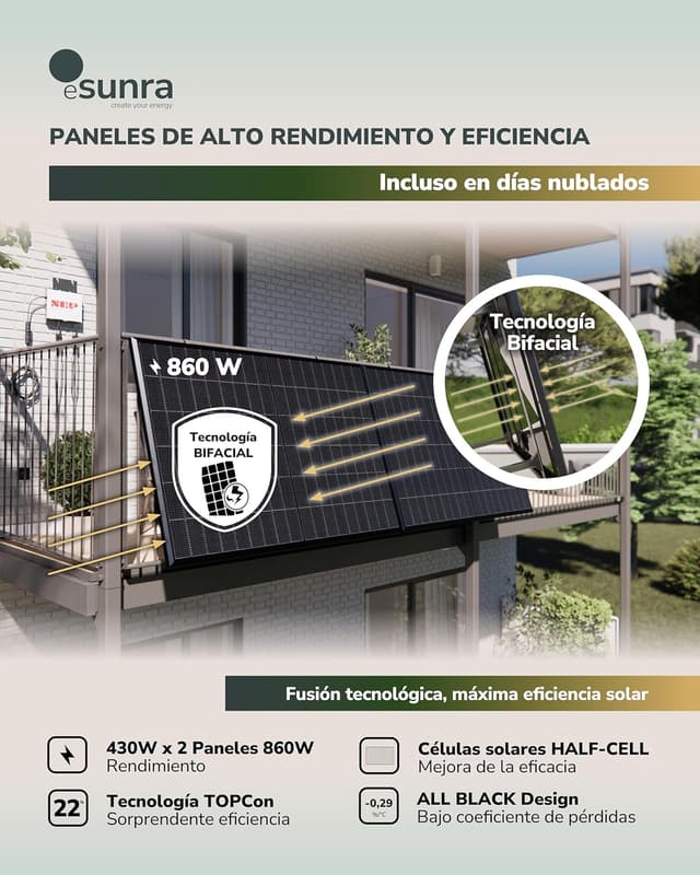 Detalle de ESUNRA Kit Solar Balcón 800W 🌞 Bifaciales, Plug & Play