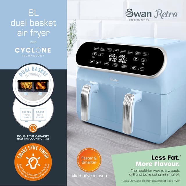 Detalle 2 de Swan SD10519BLU Retro Dual Basket Air Fryer with Cyclone Technology (8L, 1700W, Blue)