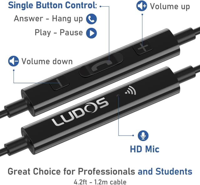 Detalle 2 de LUDOS Ultra Lightning Wired Earphones (Apple MFi Certified) for iPhone with Microphone Control, Black