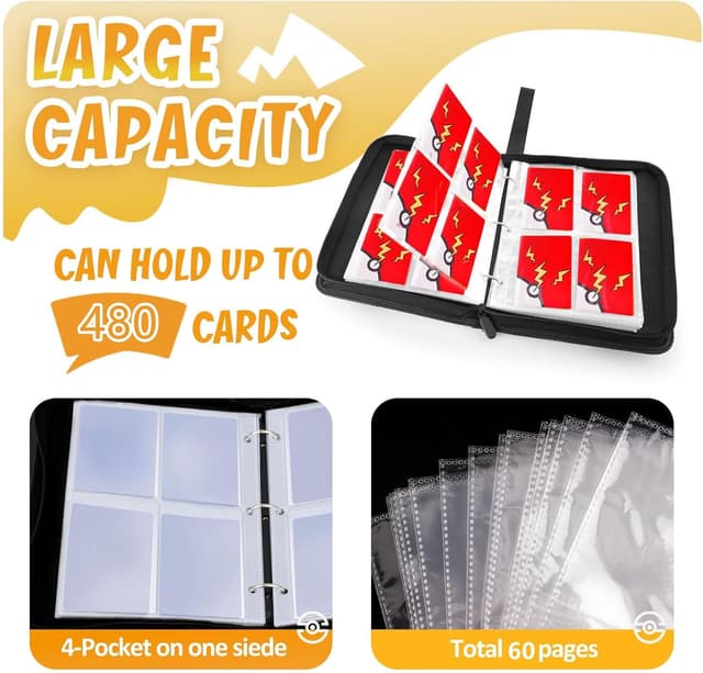 Detalle 2 de cozviao Classeur Carte Pokémon en cuir PU avec fermeture éclair – album 60 pages pour jusqu’à 480 cartes