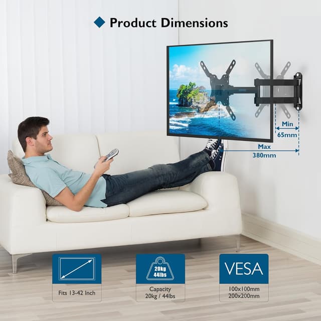 Detalle de BONTEC Support mural TV orientable et inclinable 13 à 42 pouces (max VESA 200x200 mm) jusqu’à 20 kg