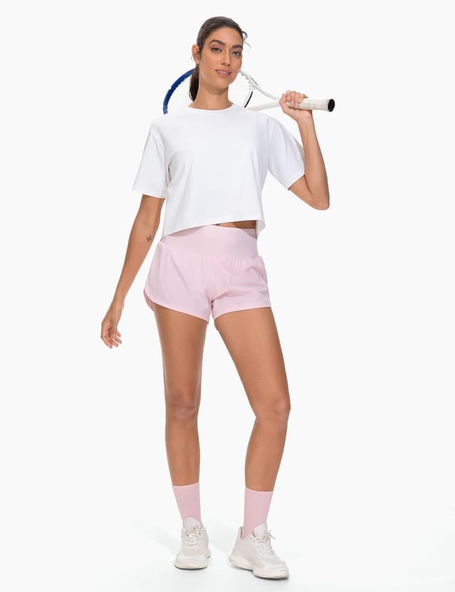 Detalle de THE GYM PEOPLE Haut court d’entraînement à manches courtes pour femme – coupe ample, polyester à séchage rapide