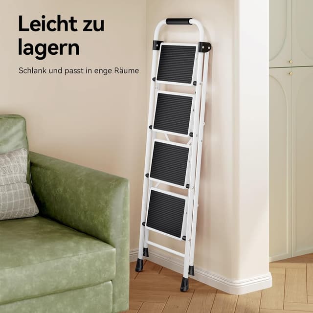 Detalle 2 de KINGRACK Stufenleiter 4 Stufen als Klappleiter mit Anti-Rutsch-Pedal und Griffen (weiß)