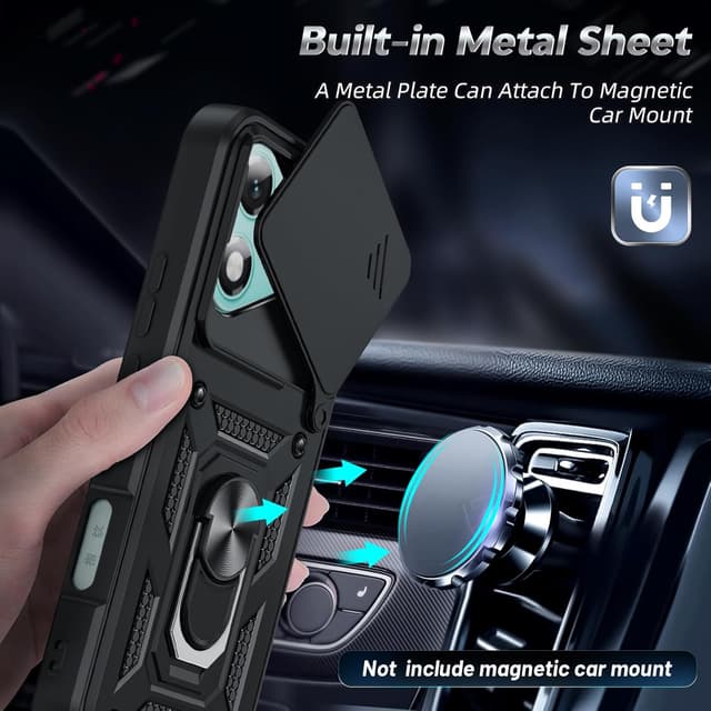 Detalle 2 de LeYi for Honor 400 Lite 5G rugged phone case with sliding camera cover, ring stand & 2 tempered glass protectors (Black)