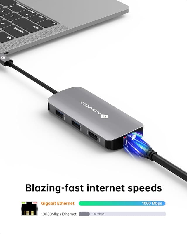 Detalle 2 de NOVOO USB C Hub 7‑in‑1 with 1Gbps Ethernet, 100W PD
