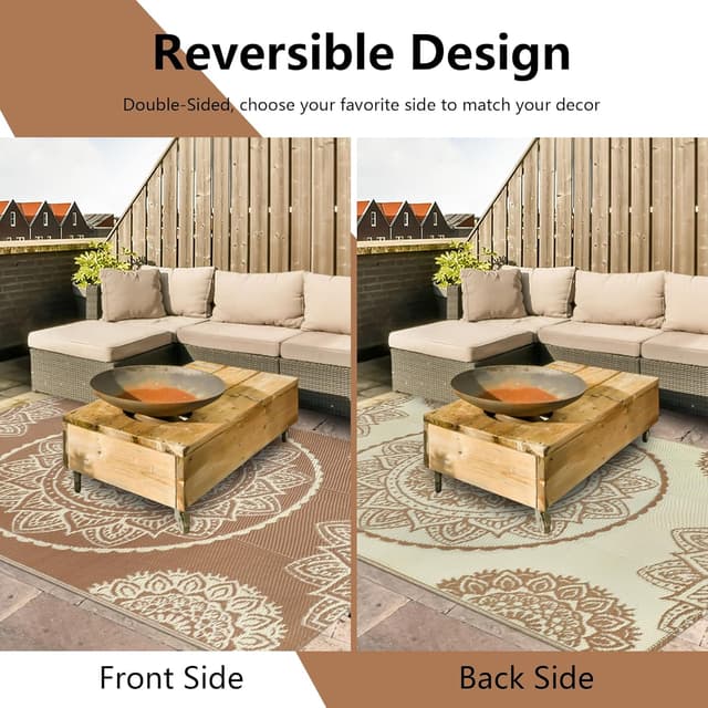 Detalle 2 de Famibay Outdoor Rugs Plastic Straw Waterproof Patio Rug (150 x 245 cm) – Reversible UV Resistant Indoor Outdoor Mat, Brown Beige